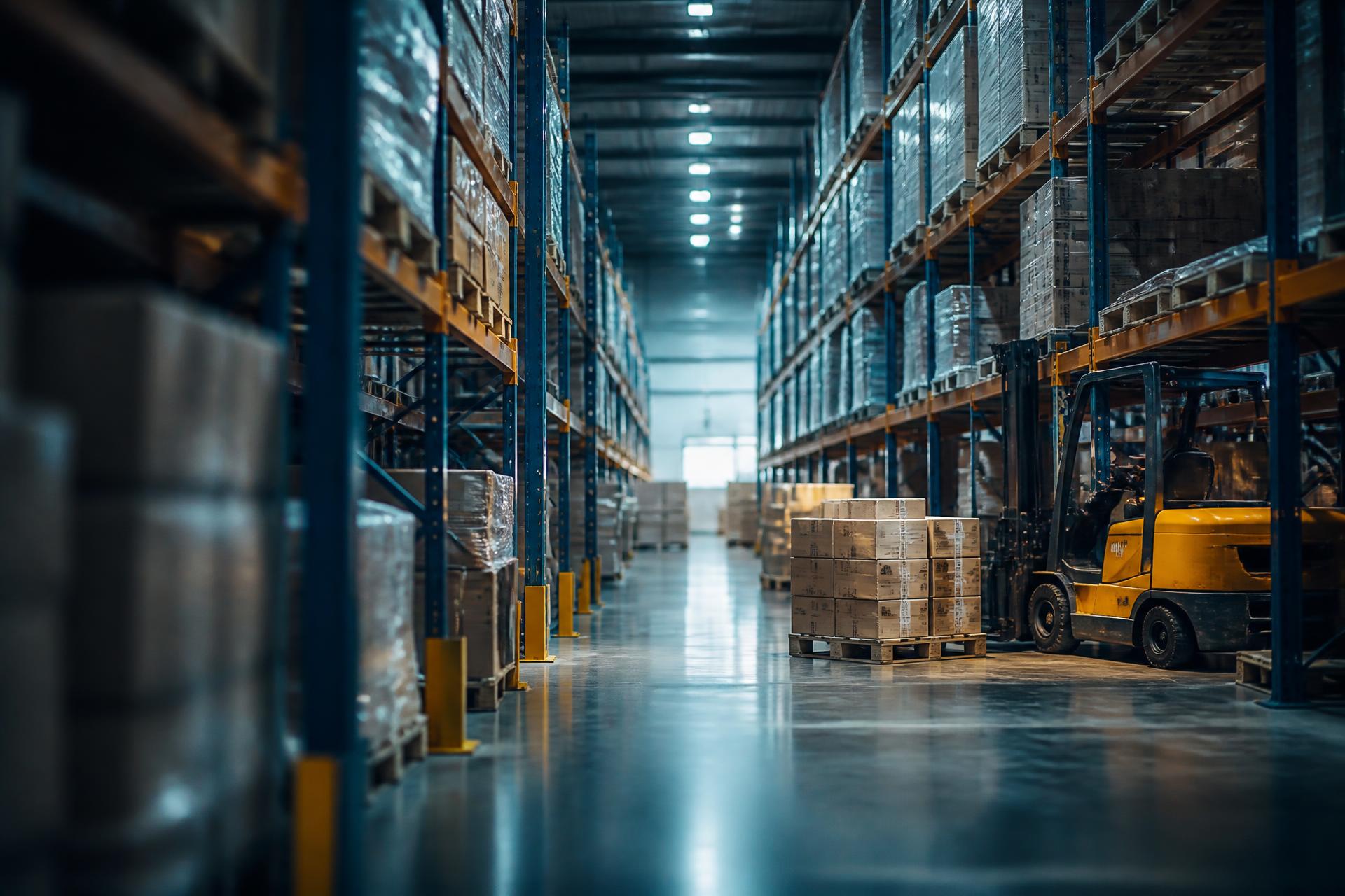 Logistics warehouse with racked pallets and cargo